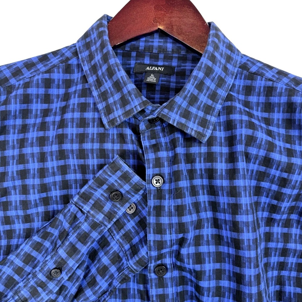 Alfani Mens Blue Black Abstract Plaid Cotton Button Down Shirt XL